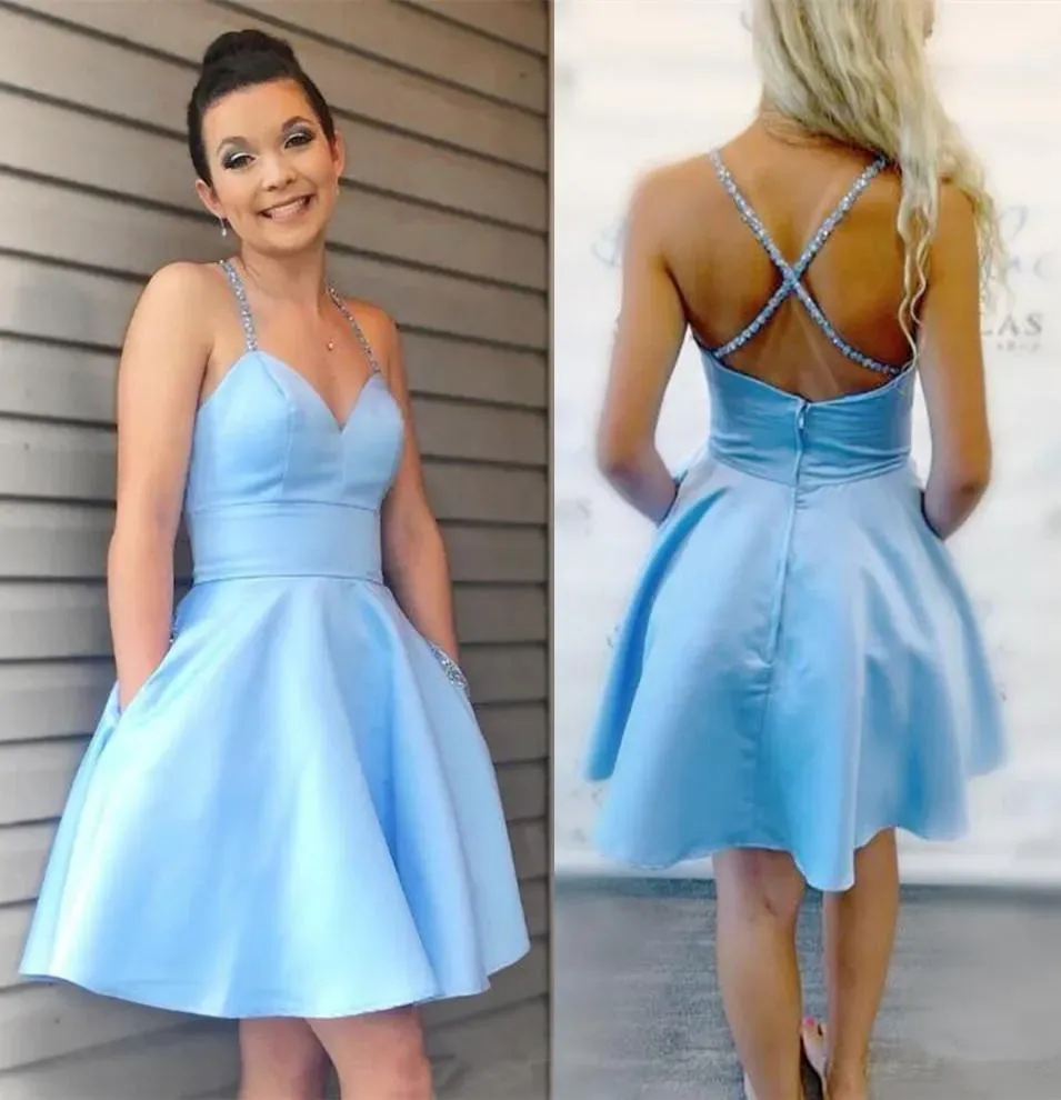 Dresses Homecoming Dresses 2021 Custom Made Beaded Spaghetti Criss Cross Back Cocktail Dress with Pockets Short Prom Gowns M75