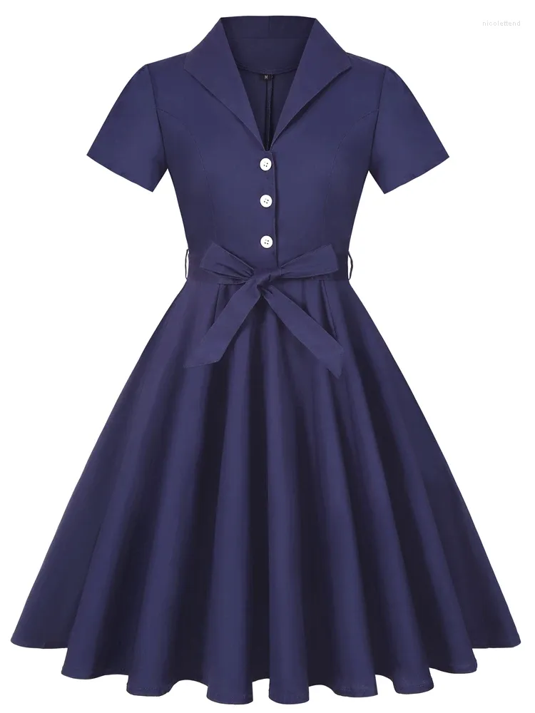 Vestidos de festa 2024 Navy Blue Summer Summer Vintage Rockabilly Dress 1950S Office Work A Line Swing Sundress Manga curta Rede de pin -up retro