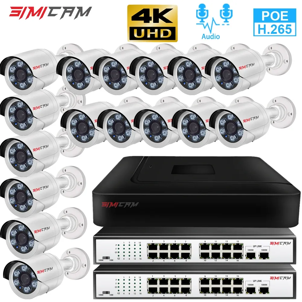 Système 4K 8MP 32CH / 16CH POE IP Support HD Kit NVR avec CCTV audio Système Out Door Bullet Detection Human Detection Video Subseillance Camera