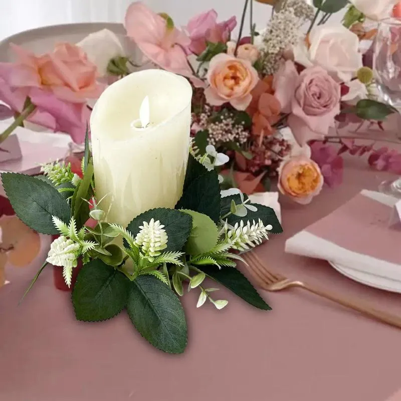 Decorative Flowers Candle Ring 9.8" Rustic Candleholder Table Centerpiece Artificial Eucalyptus Wreath For Festival Party Door Kitchen