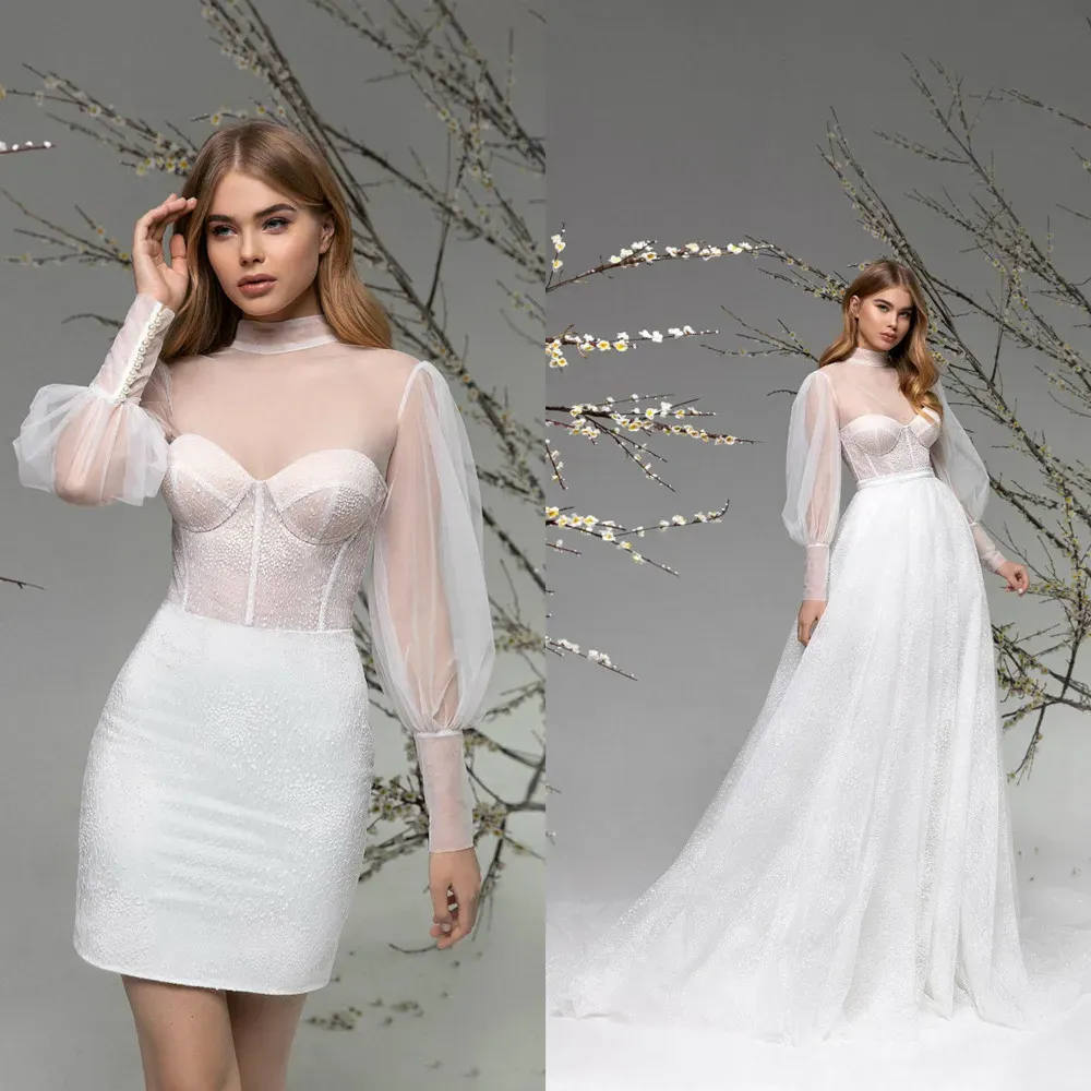 Elegant Wedding Dresses High Collar 3 Pieces Bridal Gowns Button Back Lace Appliques Detachable Train A-Line Wedding Dress