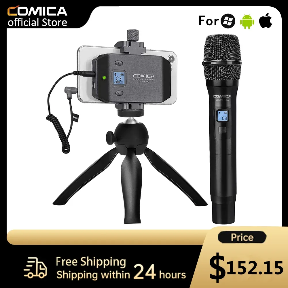 Monopods Comica CVMWS50h Microphone à main le microphone sans fil microphone 6 canaux Mic de condenseur avec trépied pour iPhone Samsung Android