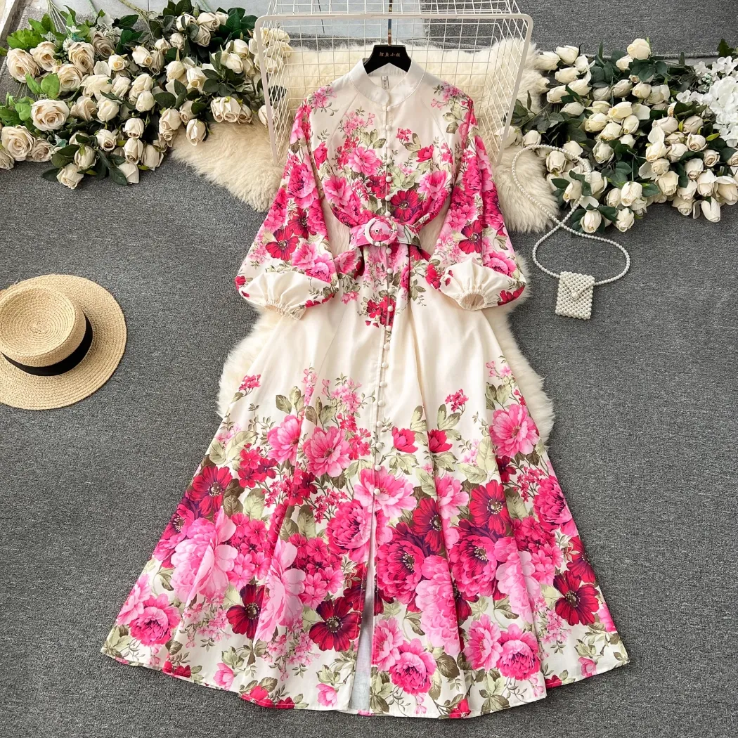 Floral series dress 2024 new high-end printed slim fit long French style bubble sleeve temperament dress