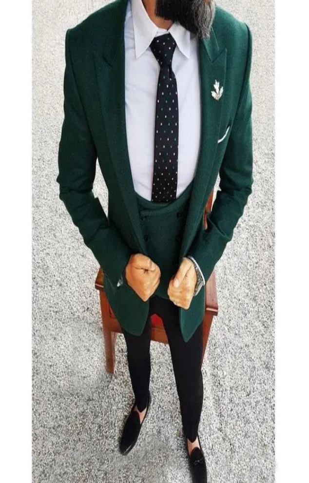 Tailor Made Bread Tuxedos 2022 Dark Green Men Blazer Three Piece Jacket Black Pants Vest Slim Fit Wedding Men Suits3677608