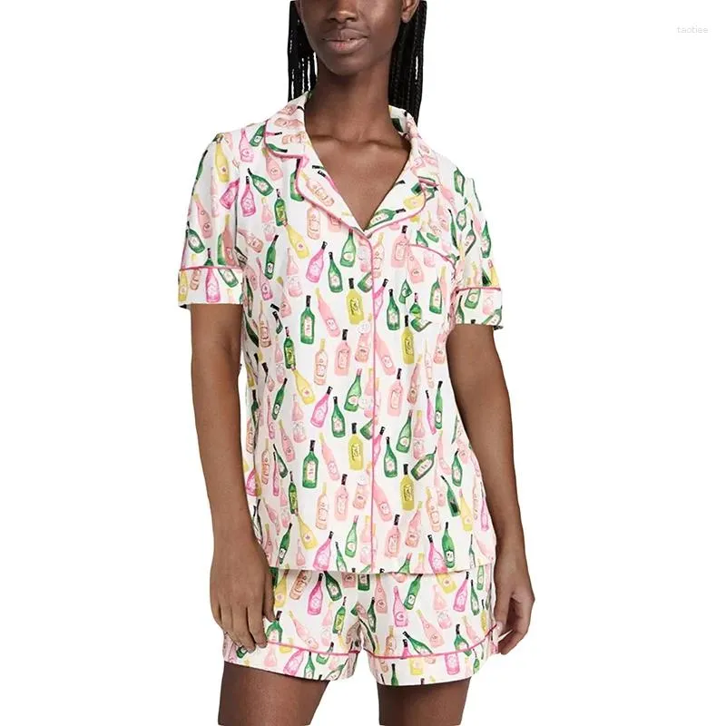 Ropa de dormir para mujeres Pajama de verano Botón de la solapa del cuello por la manga corta Tops elásticos pantalones cortos de la cintura la botella de vino estampado 2 piezas