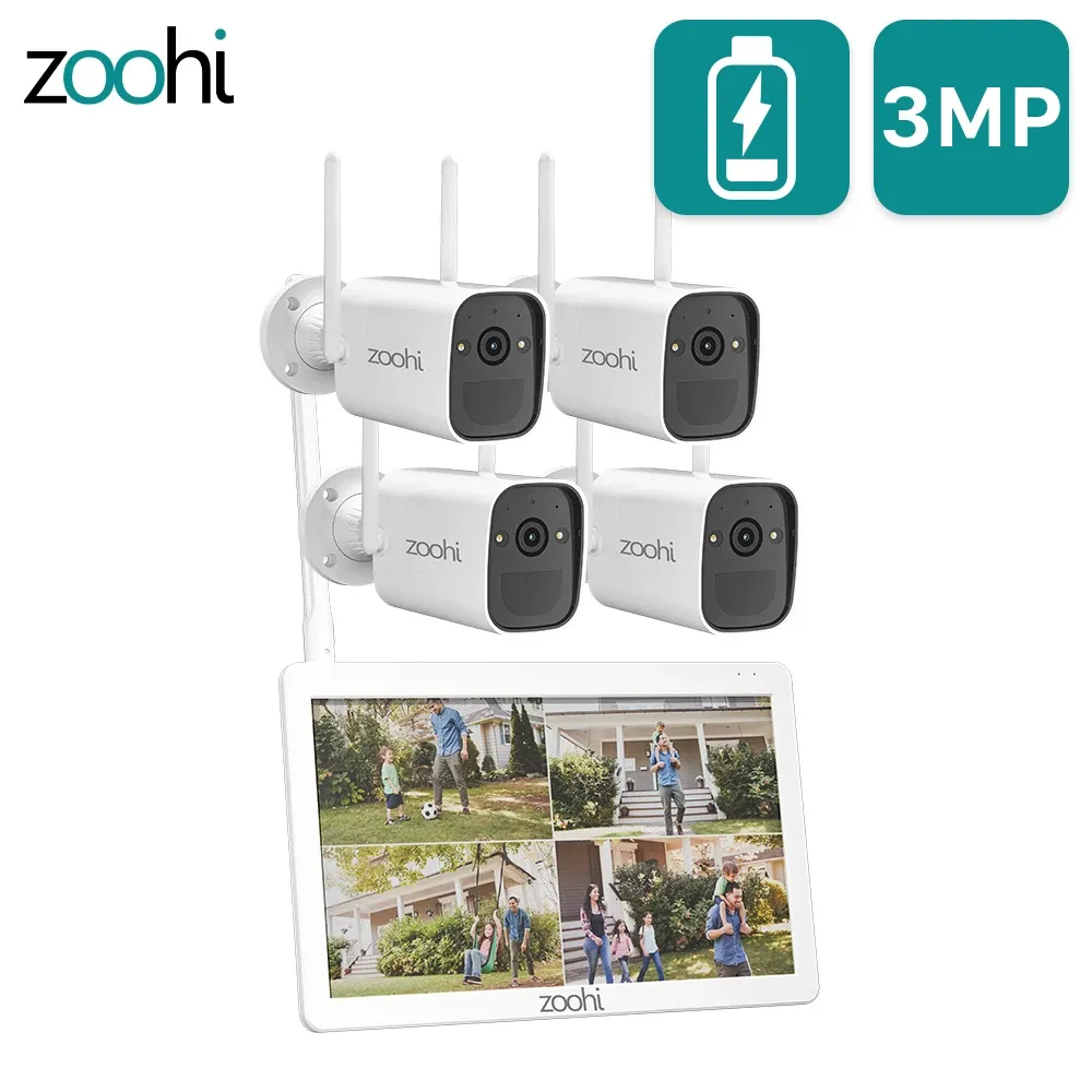 System Zoohi Battery Surveillance Camera System 3MP Laddningsbar batterikamera Smart utomhussäkerhetskamera NVR med 10 -tumsmonitor