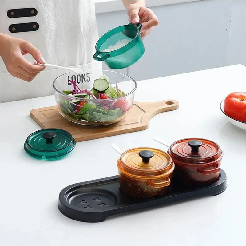 Nordic Style Enamel Pot Seasoning Box Creative Kitchen Seasoning Tank with Spoon and Cover 3 in 1 Salt Sugar Storage Bottle