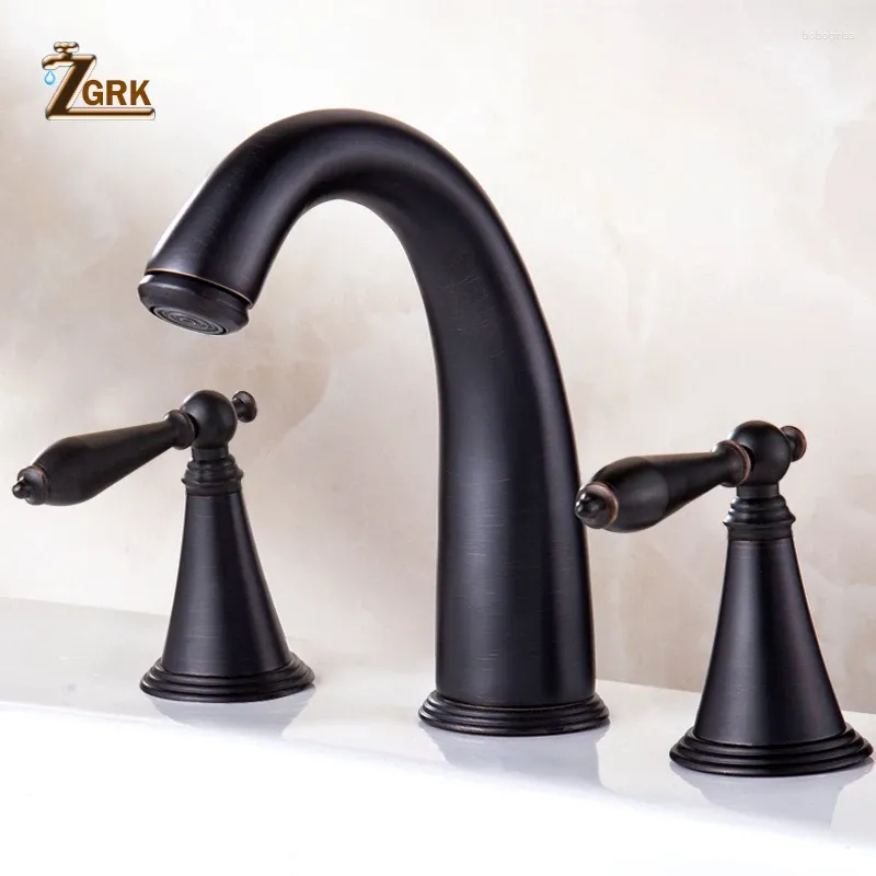 Bathroom Sink Faucets ZGRK Basin Brass Black Deck Mounted Bathtub Mixer Faucet Widespread Three Hole Bath Set Double Handle Water Tap