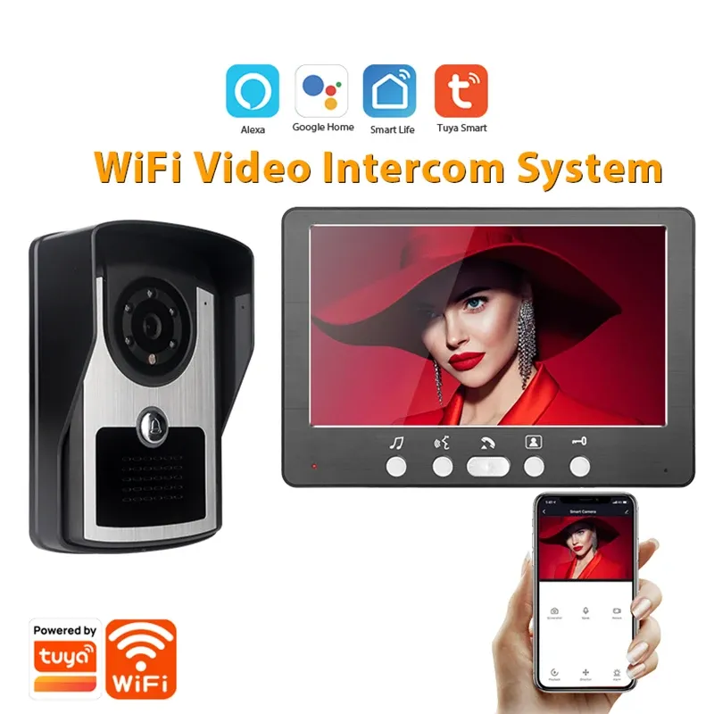 Dörrklockor 7 "Hemvideo Door Phone Intercom System Tuya Smart Life App Remote Unlock Wireless WiFi Video Doorbell LCD Monitor för lägenhet