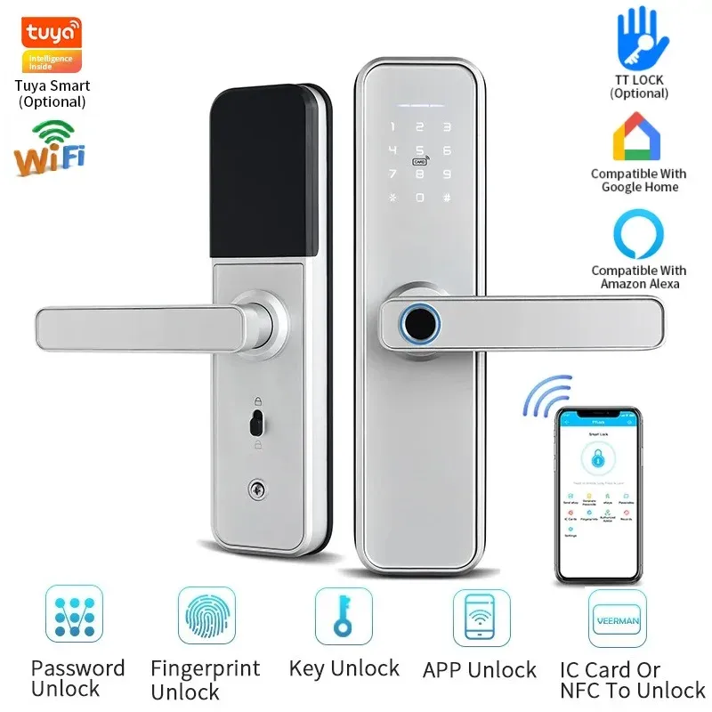 Verrouiller x5 Smart Lock Tuya WiFi App Remote Locke Electrical Door Locks Mot de passe digital Mot de passe IC / NFC TTLOCK App Llog Handle Locks