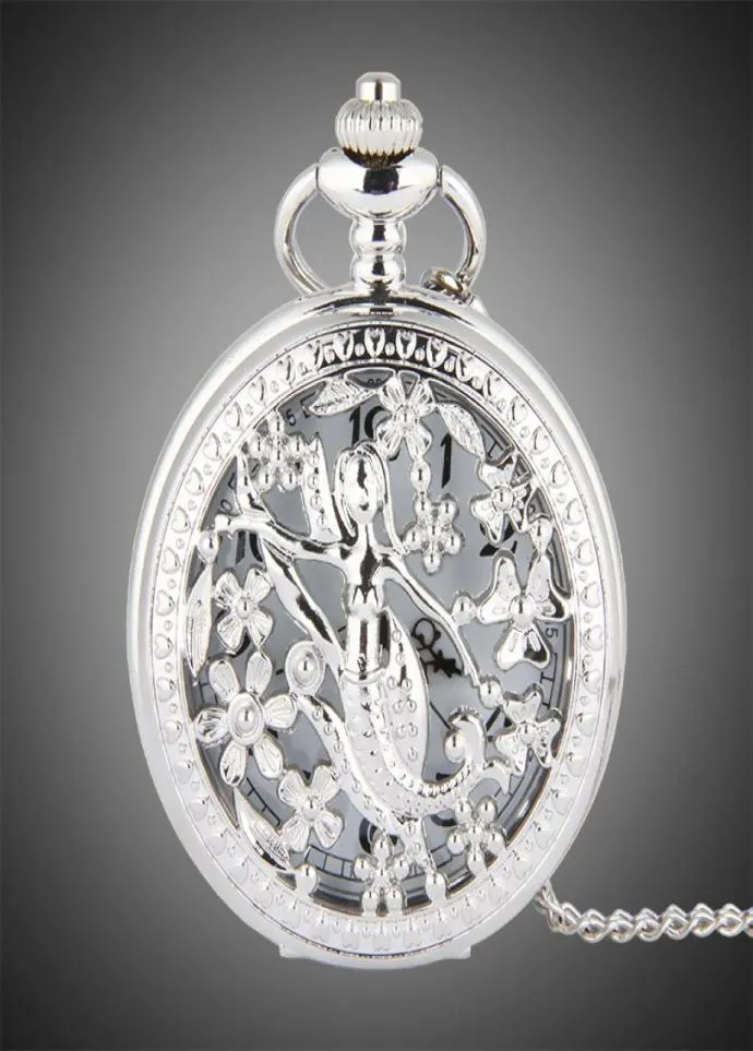 TFO Pocket Watch Silver Hollow Petals Surround Dancing Sirène Design Pendre Dames Collier cadeau de mode3120461