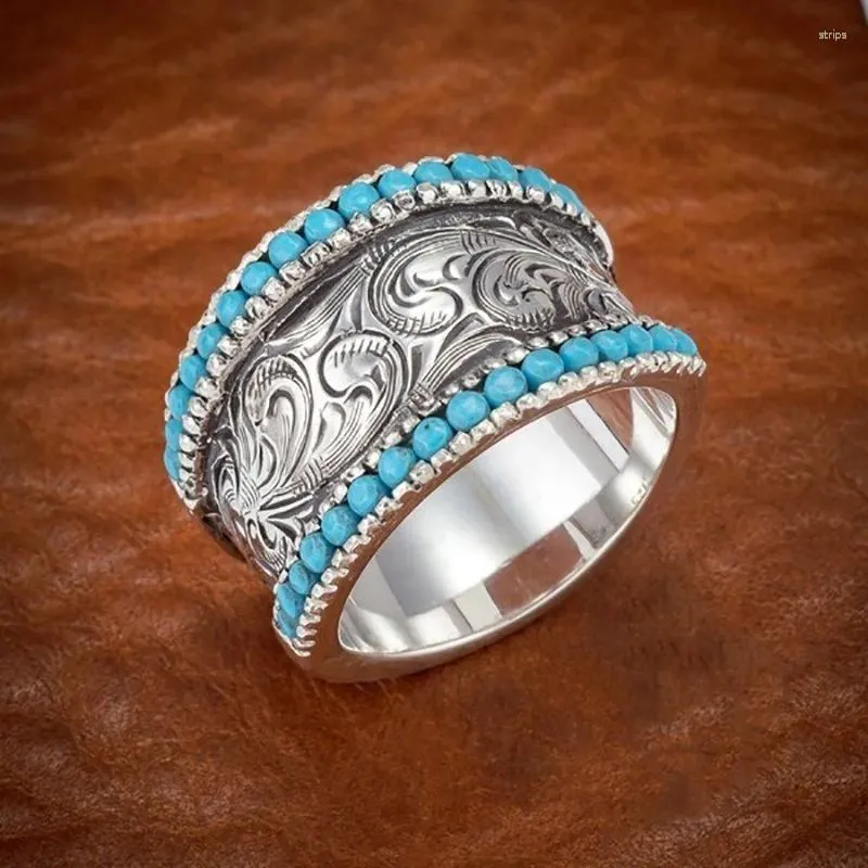 Cluster Rings European And American Style Retro Inlaid With Turquoise Carved Auspicious Cloud On Both Sides