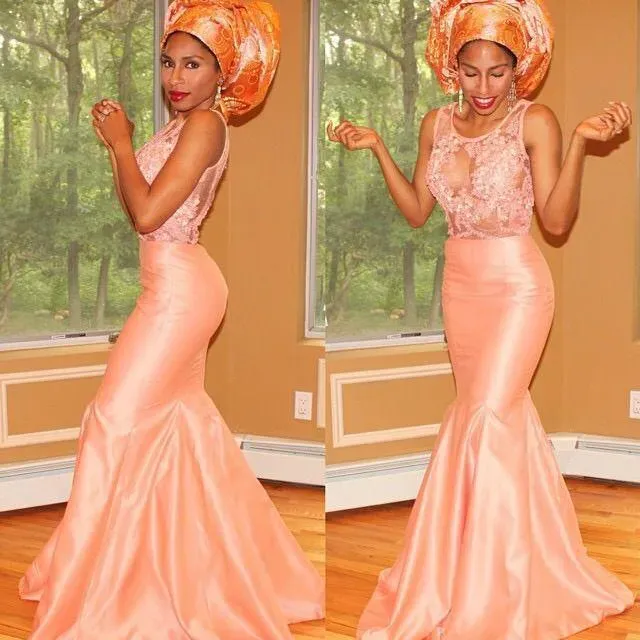 Klänningar 2022 Afrikansk spets sjöjungfru aftonklänningar ren nackapplikation tafta persika rosa ihåliga rygg ihåliga bakre formella tävlingsklänningar klänning klänning