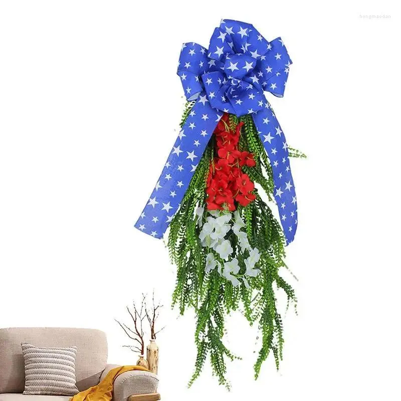 Decoratieve bloemen Patriottische krans voor voordeur 4 juli Memorial Day Decor Artificial Flower Decorations with Red