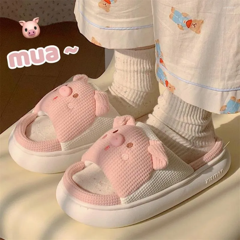 スリッパかわいい漫画豚2024女性の夏の屋内寝室ソフト厚のゆっくりした面白い靴リネン