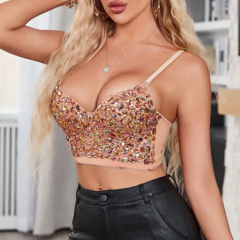 Frauen Tanks Frauen AB Colored Strass bustier Crop Top Spaghetti -Gurt Push Up Korsett Weste Mode Luxus Club Frau Shaper Camis