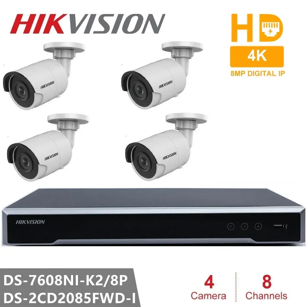 Système Kits de caméra de sécurité HIKVISION PLIGNE PLIGE H.265 NVR 8CH 8POE 4PCS 8MP IP CAMERIE DS2CD2085FWDI WDR POE BULLET