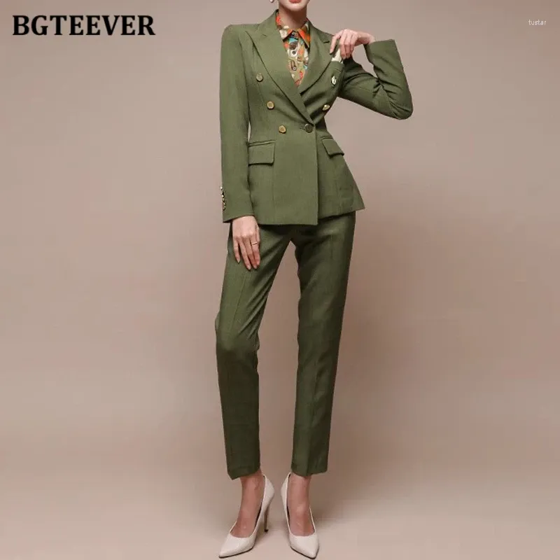 Женские брюки Bgteever Bgteever Spring Slim Women Suits костюмы с длинными рукавами двойной грудь Женские карандашные дамы 2 кусочки пиджаки набор пиджаков