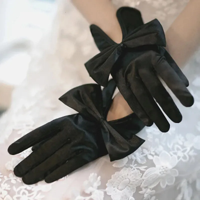 Korean Women's Short Thin Bow Cutout Party Dress White Gloves Formal - Spandex Satin, Elastic, Anti-UV, Sunscreen, Driving Mittens for Summer (241104)