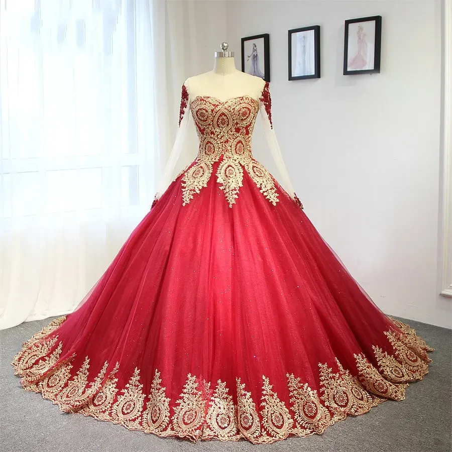 Abiti nuovi abiti da sposa abiti da ballo rosso e oro con maniche lunghe Corset non bianche colorate abiti da sposa arabo abito formale personalizzato folle