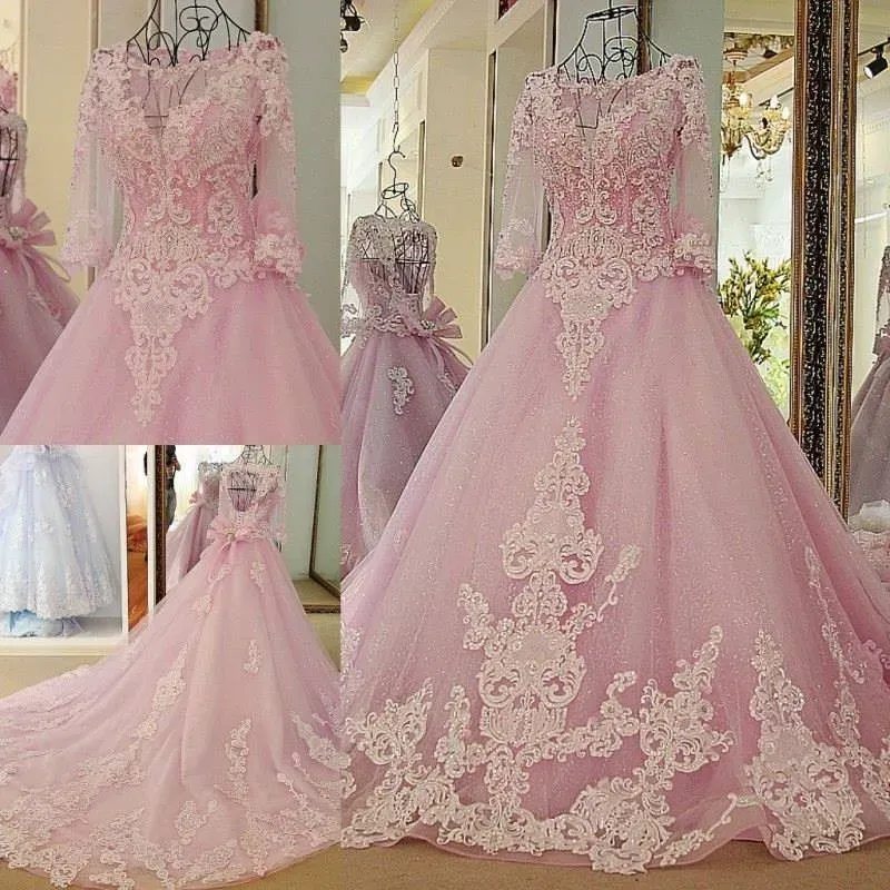 Dresses Pink Ball Gown Sexy Colorful Wedding Dresses With 3/4 Sleeves Beaded Lace Appliques Corset Back Non White Wedding Gowns Couture Cu