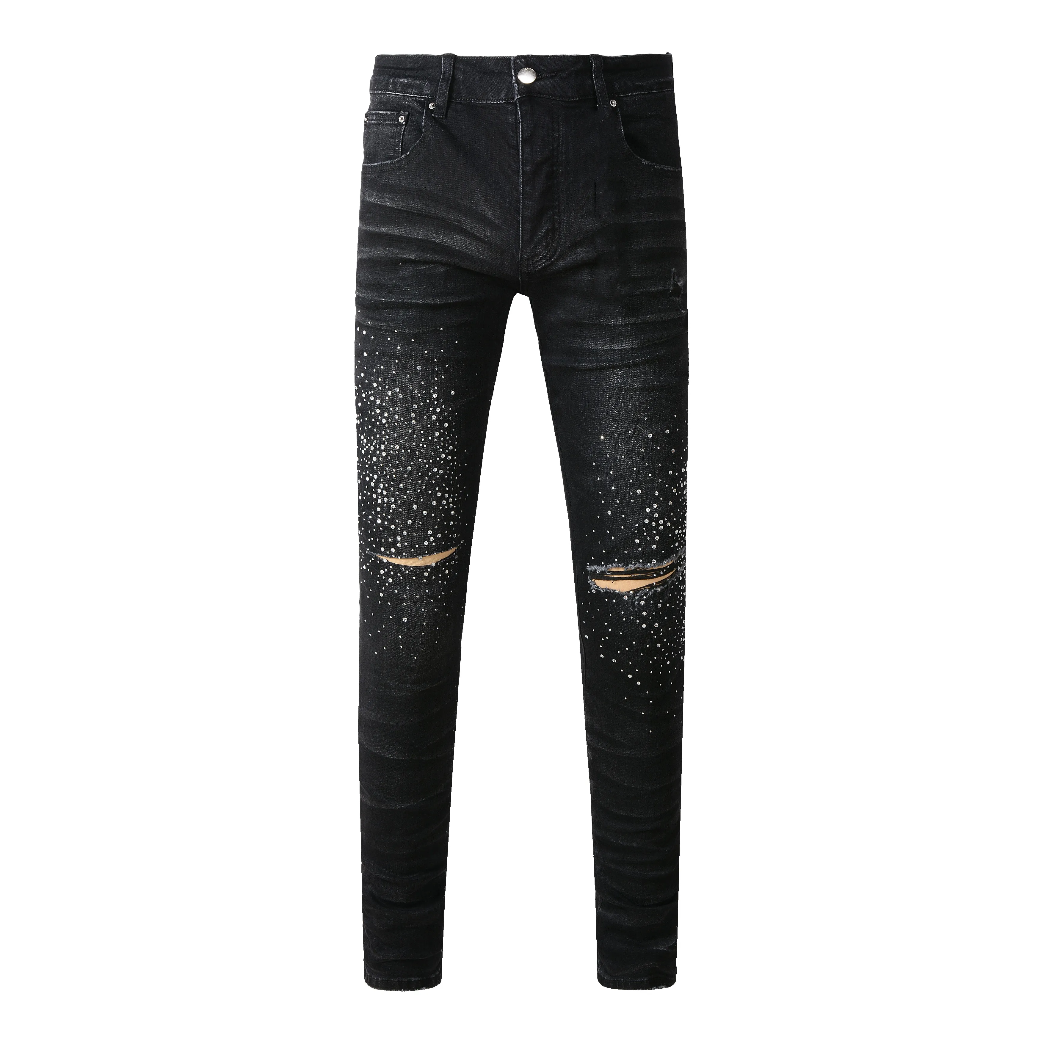 Biker Jeans Black Paint Splatter Skinny Jeans Mens Ripped Biker