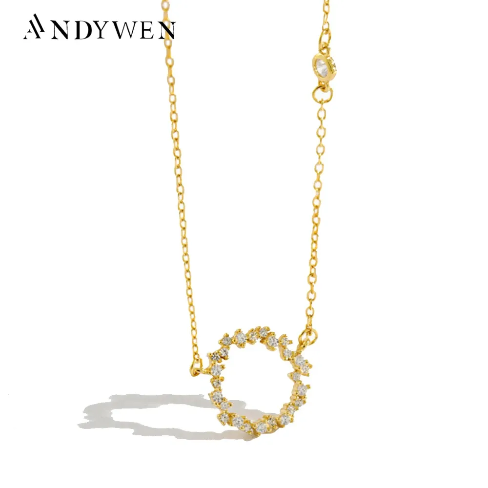 Halsband Andywen 925 Sterling Silver Gold Circle Round Pendant Zircon Pave Long Chain Halsband Bröllopspresent Fashion Jewelry for Women