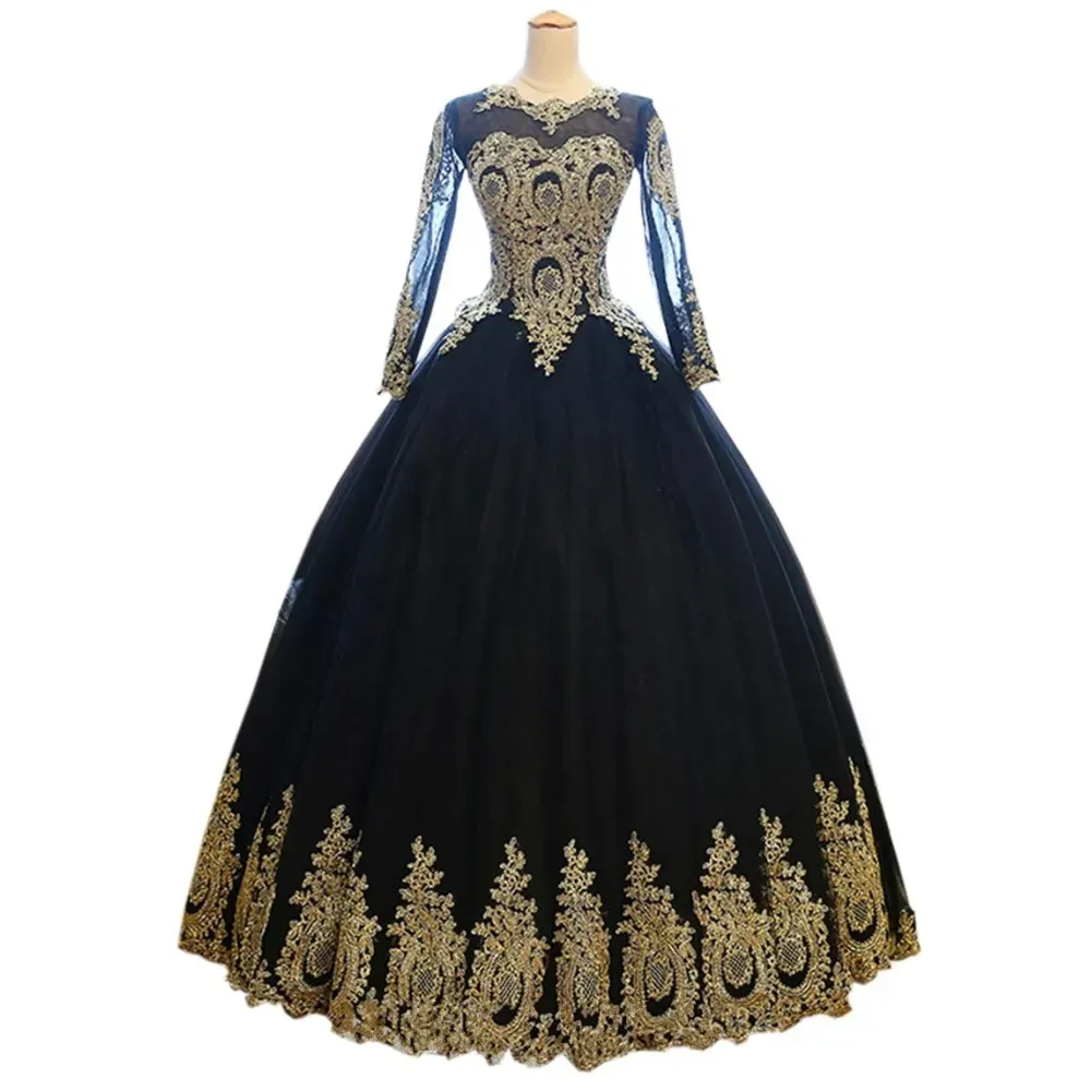 Платья сексуальные черные с золотым аппликацией свадебные платья с шариковыми платьями дешевые с иллюзией с длинными рукавами корсет назад