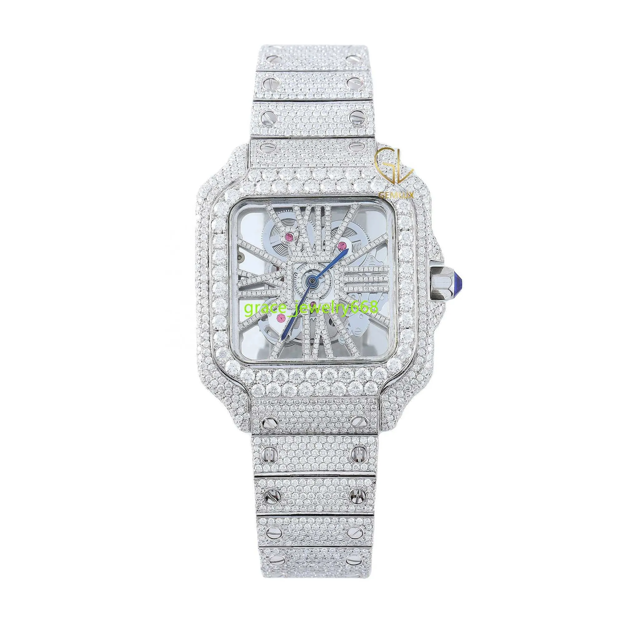 Premium Quality VS Round Brilliant Cut Certified Labgrown Diamond New Trendy Skeleton Customized Charm Iced Out Men Wrist Watch