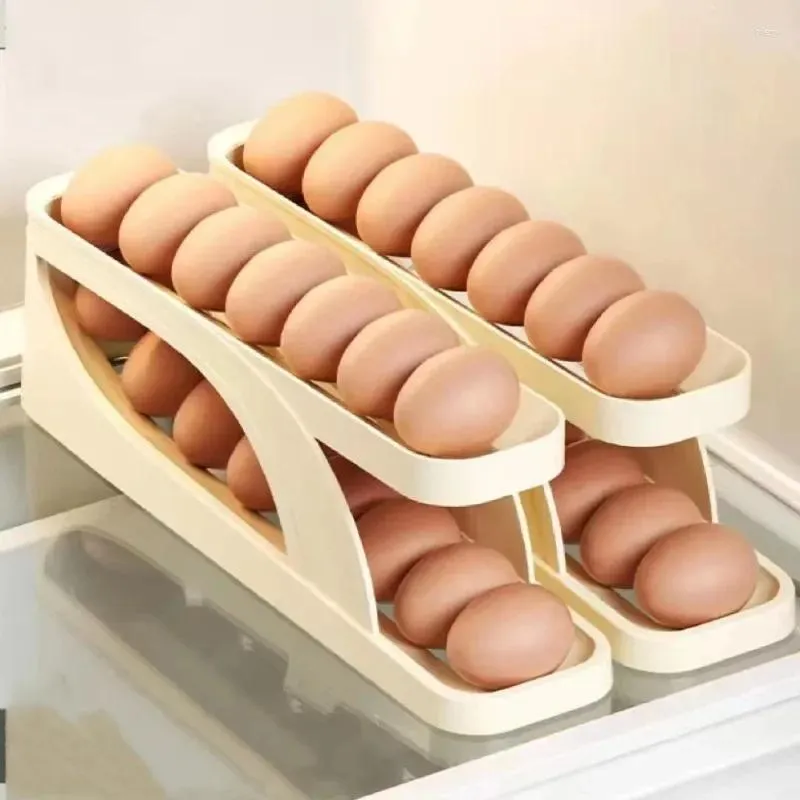 Mutfak Depolama Slide Style Yumurta Kutusu Buzdolabının Yan Kapısı Çift Katmanlı Otomatik Haddeleme Anti Damla Taze Tutmaya Yardımcı