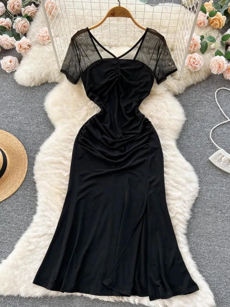 Party Dresses Foamlina Elegant Women Black Summer Dress Sexig Se genom Mesh Patchwork Short Sleeve V-Neck Slim High midje knälängd