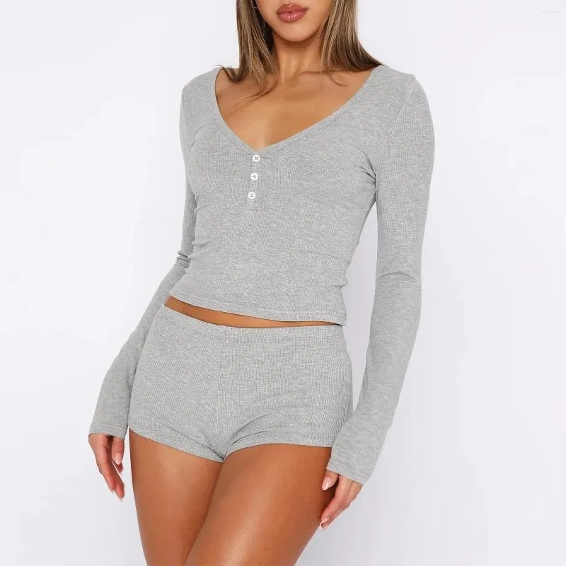 Home Vêtements Femmes V-cou short Sleeppirt Sleep Top Slim Fit à manches longues Couleur foncieuse décontractée