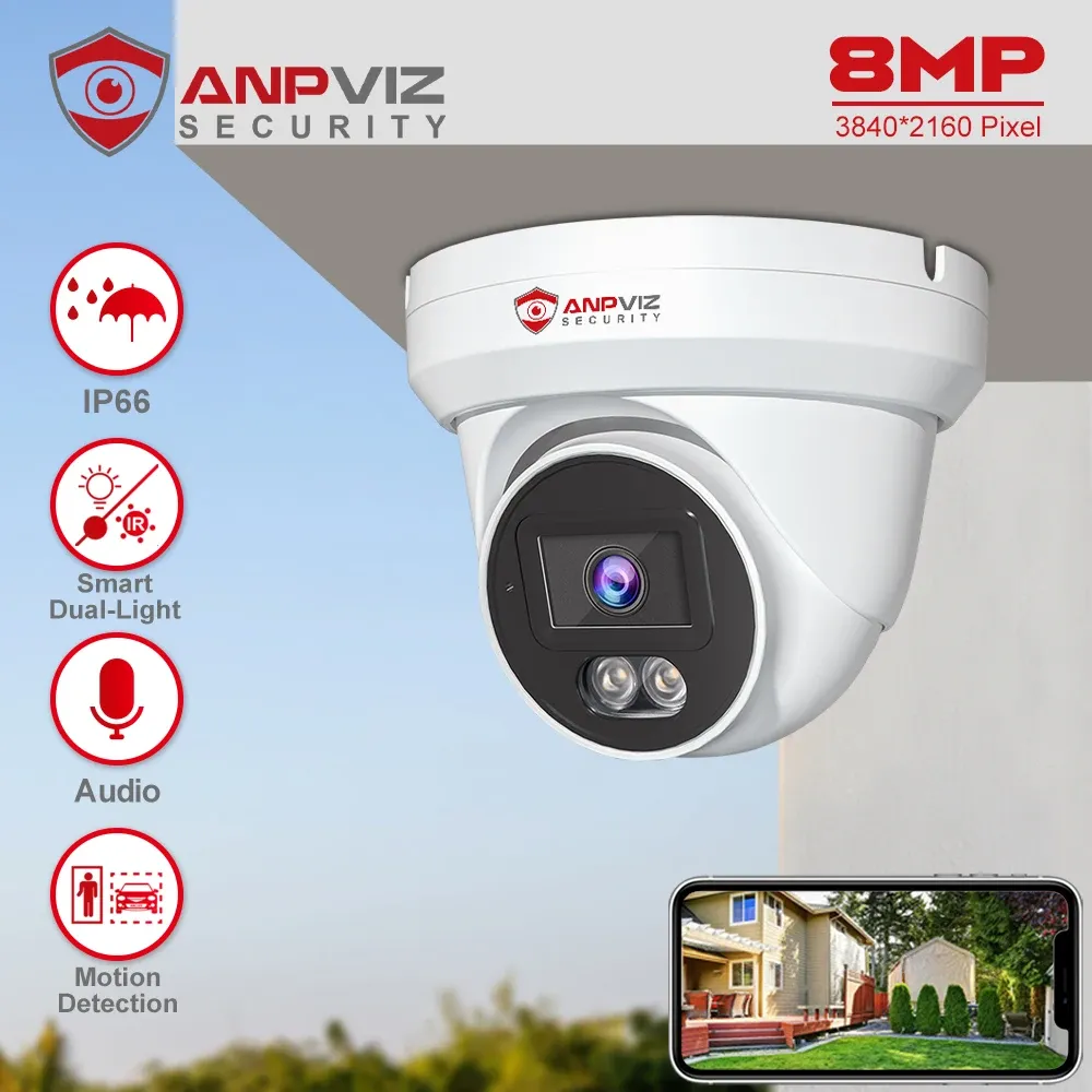 Caméras anpviz 8mp poe ip caméra caméra extérieur double luminaire colorvu 30m cctv vidéo ip67 h.265 personnes audio et détection de véhicules