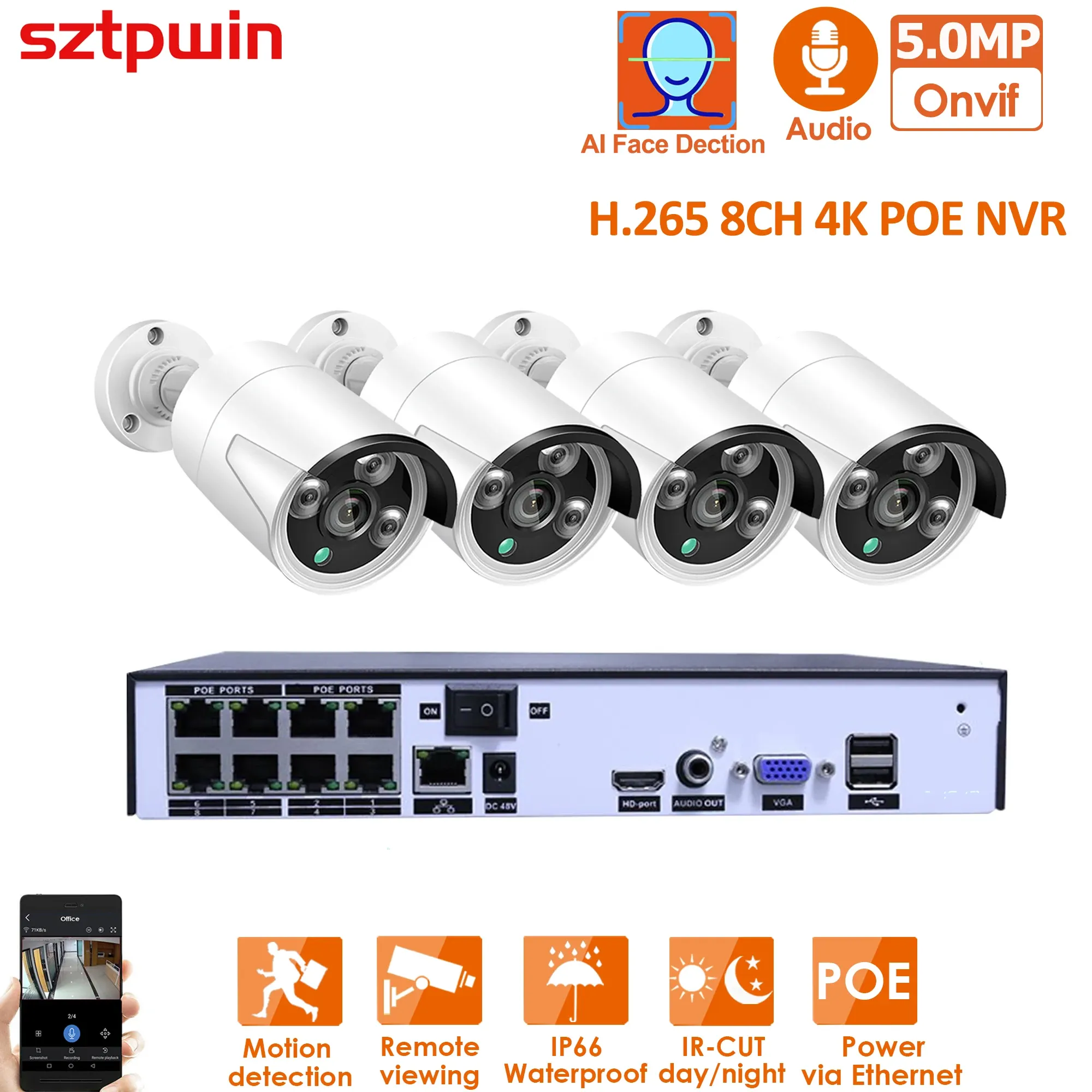 システムH.265+ 4CH5MP POEセキュリティカメラシステムキットオーディオRJ45 3MP 4MP 5MP IP FACEDETECTION屋外防水CCTVビデオサーベイランス