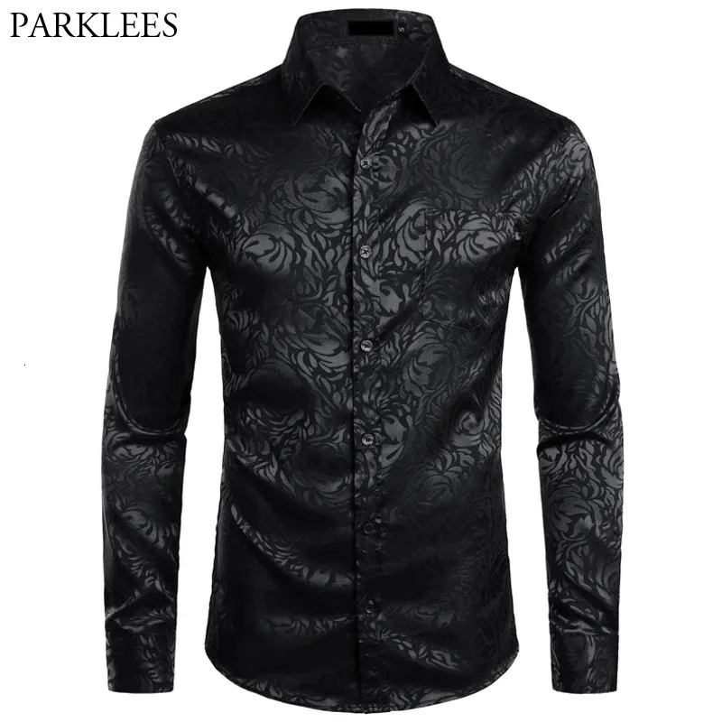 Mens Floral Black Dress Shirts Stylish Long Sleeve Steampunk Shirt Men Party Club Bar Social Shirt Male Chemise Homme 240327