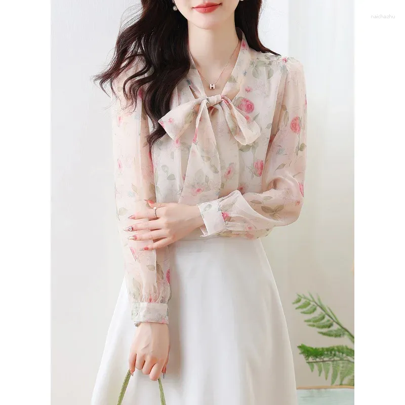 Women's Blouses 2024 Rose Flower Stijlvolle chiffon blouse voor vrouwen lange mouw Franse kantoor dames button up shirt lente herfst kleding