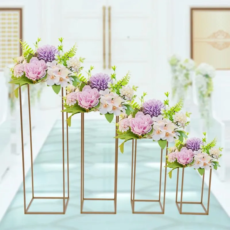 Vaser 4st Metal Flower Rack Prop Geometric Column Vase Stand Wedding Party Decor Gold Rectangular för 40/60/00/100cm