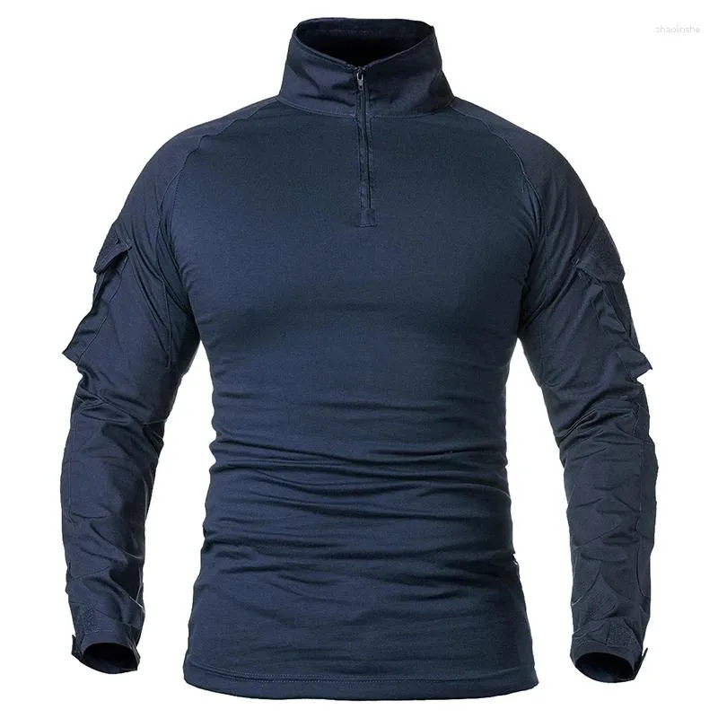 Men's T Shirts Long Sleeve Army Combat Shirt 1/4 Zipper Ripstop Cotton Military Tactical Navy Blue Camoufalge