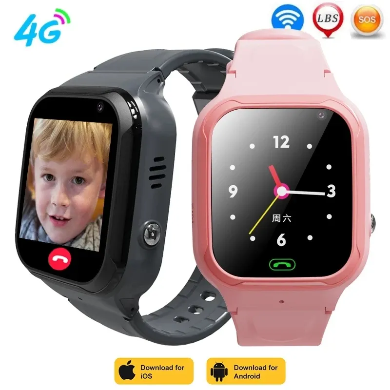 Montres 2022 Nouveau GPS Smart Watch Kids HD Camera Prise en charge de la carte SIM 4G Call Smartwatch WiFi GPS Positionnement pour iPhone Huawei Child Kid + Box