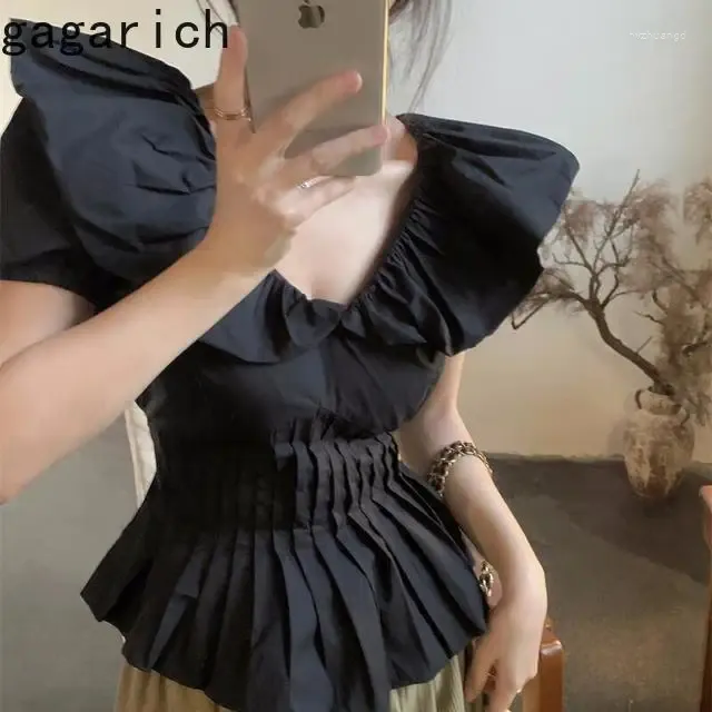 Blusas para mujeres gagarich dulce elegante negro con cuello en V camisa de manga corta para mujeres Efecto delgado de la cintura delgada