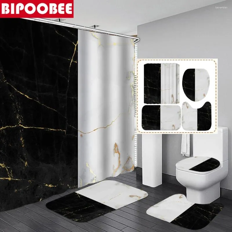 シャワーカーテン黒と白の大理石カーテン石穀物バスルームバスマットトイレのふたカバーペデスタル非滑り敷き敷物の家の装飾