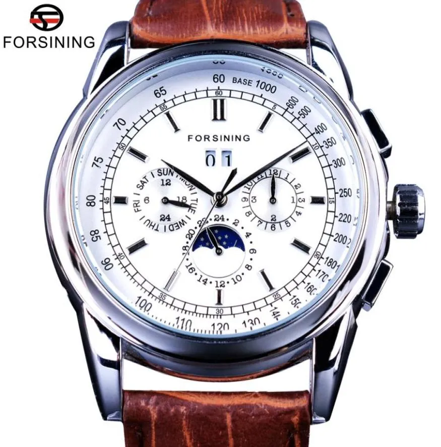 Forsiner Moon Phase Calendar Afficher en cuir marron Shanghai Mouvement automatique Hommes HETES TOP MARCHES MÉCANIQUES DE LUXE MONTRATIONS6501762