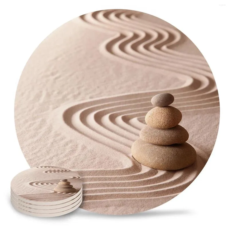 Tapetes de mesa Zen Garden Stones Sand redonda Acessórios de cozinha de café absorvente montanhas -russas de cerâmica