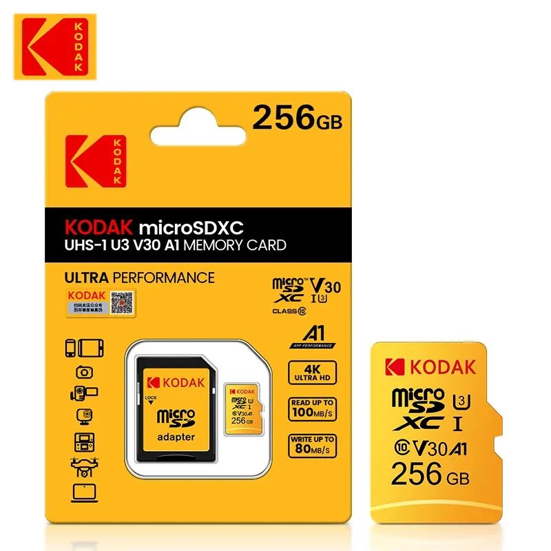 カードNew Kodak Evo Plus 256GB MicroSDXCメモリカード256GB U3 4K Micro SD Card Card MicroSD UHSI C10 TF Flash MicroSD付きSDアダプター