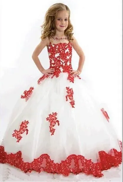 Dresses White And Red Flower Girls Dresses For Wedding Tulle Lace Applique Sheer Neckline Beaded Ball Gown Kids Children Girls Party Pagea