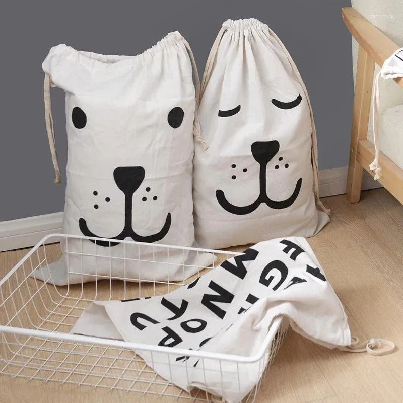 Tvättpåsar 65x45 cm Bomull och linne förvaringspåse Kläder Toys Sundries Printing Drawstring Duffle Dirty Organizer