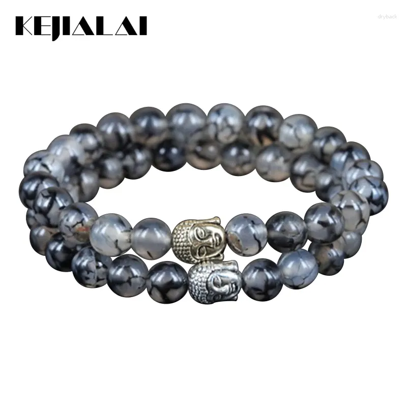 Strand Kejialai 2pcs de haute qualité Natural 8 mm Crack Round Perles de pierre Charme Femmes Bracelet Gold / Couleur argentée Bouddha Head Men