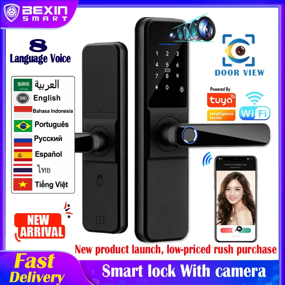 Lås tuya wifi digital elektronisk intelligensdörrlås med biometrisk kamera fingeravtryck smart dörrlås kort lösenordsnyckel upplåsning