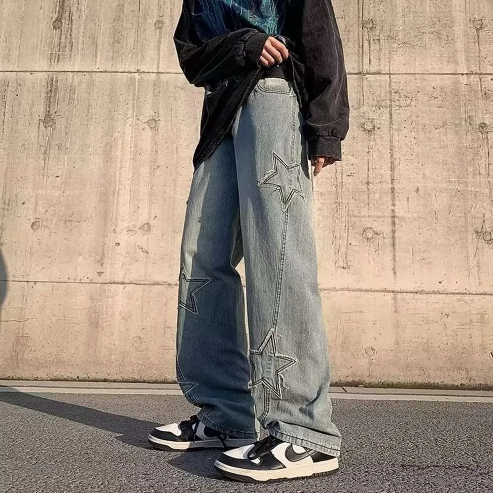 Trendy Hong Kong Style Summer Nuovi jeans, tendenza di strada americana, pantaloni lunghi in stile hip-hop, pantaloni a gamba dritti arruffati e belli, alla moda