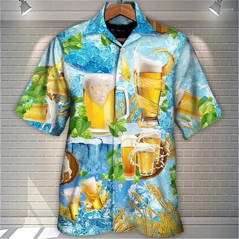 Camisas casuais masculinas Vintage Hawaiian for Men 3D Cerveja estampa de grandes dimensões Clothes Blouse Blouse Blouse Designs Camisa de manga curta